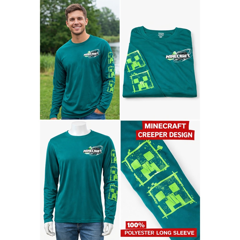 Minecraft x Point Zero Long Sleeve Shirt Mens Medium Green Creeper Graphic